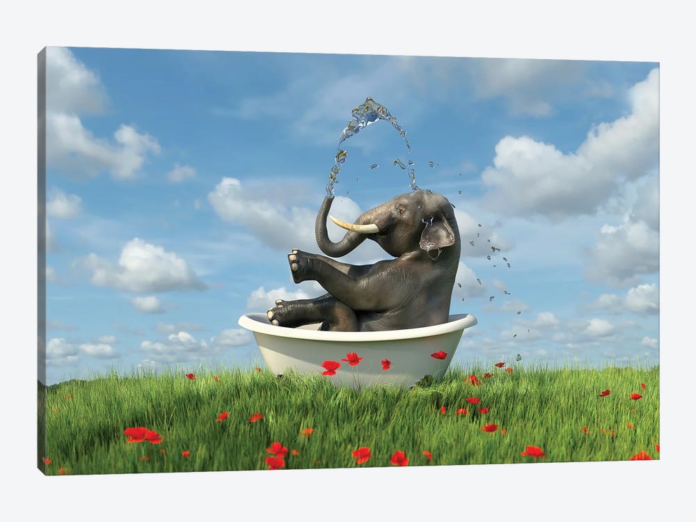Elephant Relaxing In A Bath In The Meadow by Mike Kiev 1-piece Art Print