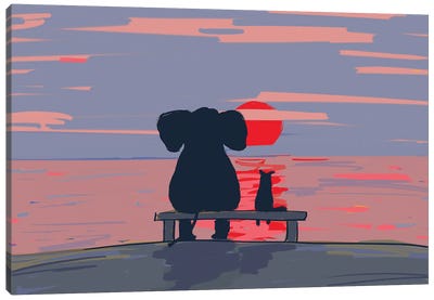 Elephant And Dog Sit On A Beach At Sunset, Drawing Canvas Art Print - Mike Kiev