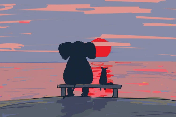 Elephant And Dog Sit On A Beach At Sunset, Drawing