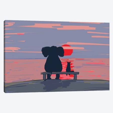 Elephant And Dog Sit On A Beach At Sunset, Drawing Canvas Print #MII136} by Mike Kiev Canvas Print
