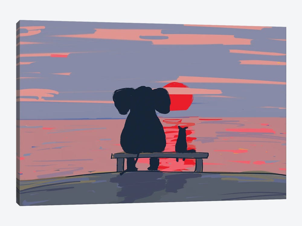 Elephant And Dog Sit On A Beach At Sunset, Drawing by Mike Kiev 1-piece Canvas Wall Art