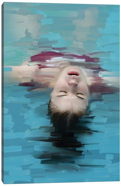 Young Woman Relaxing In Blue Water, Stylization Of Painting Canvas Art Print - Swimming Art