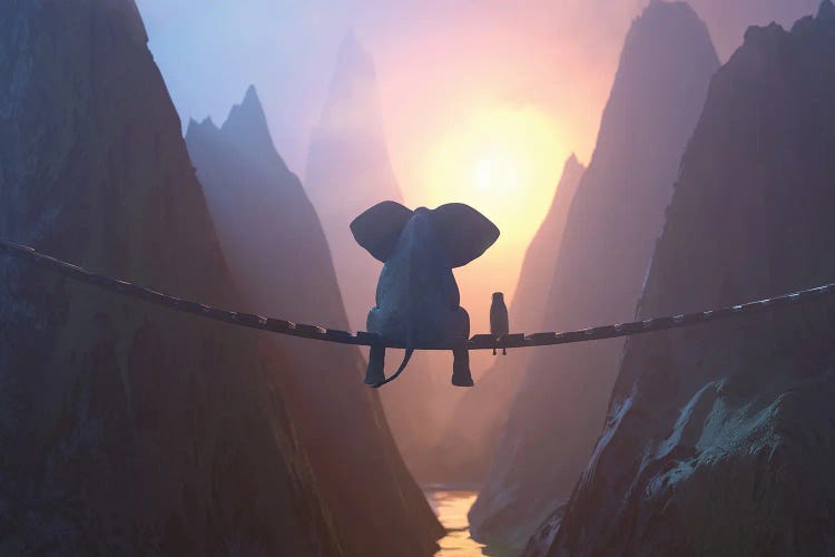 Elephant And Dog Sit On A Bridge Over A Precipice