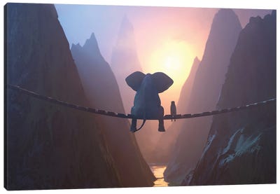 Elephant And Dog Sit On A Bridge Over A Precipice Canvas Art Print - Mountain Sunrise & Sunset Art