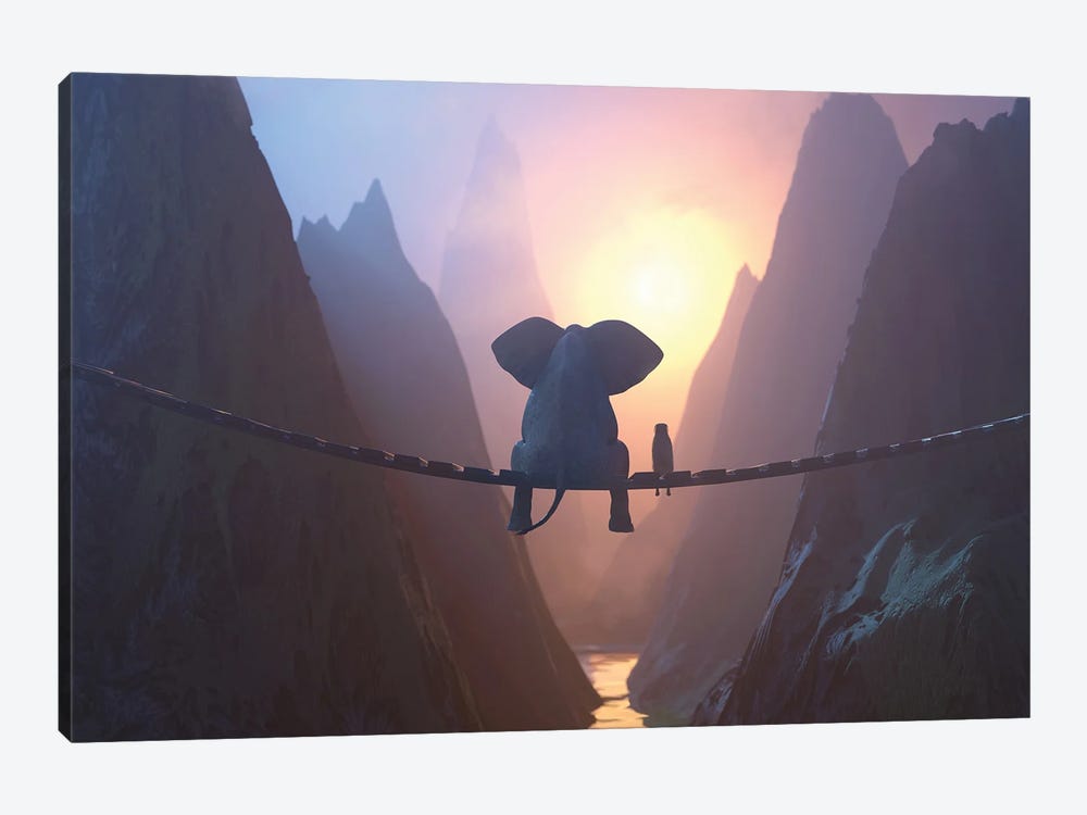 Elephant And Dog Sit On A Bridge Over A Precipice by Mike Kiev 1-piece Art Print