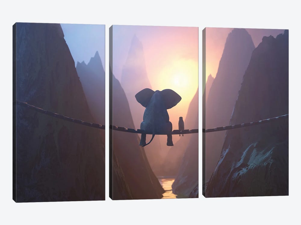 Elephant And Dog Sit On A Bridge Over A Precipice by Mike Kiev 3-piece Art Print