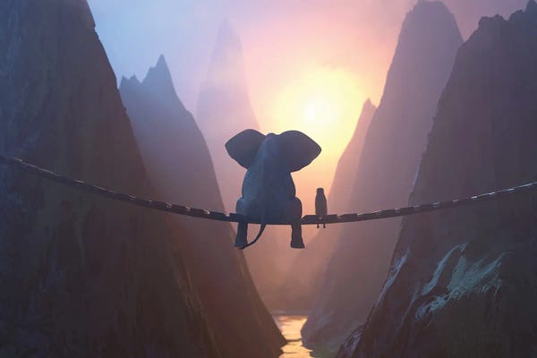 Mike Kiev: Elephant And Dog Sit On A Bridge Over A Precipice by Mike Kiev