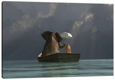 Elephant And Dog Are Floating In A Boat II Canvas Art Print - Kids Fantasy Art