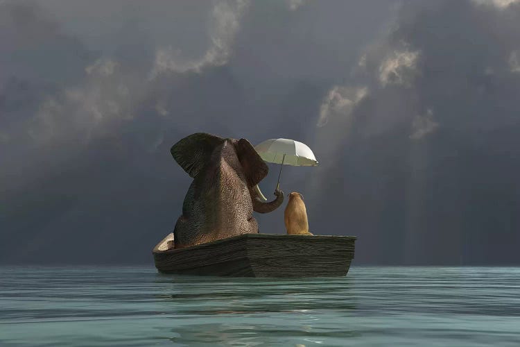 Elephant And Dog Are Floating In A Boat II