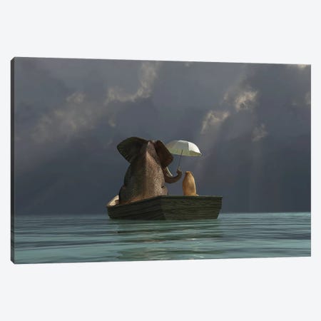 Elephant And Dog Are Floating In A Boat II Canvas Print #MII13} by Mike Kiev Canvas Artwork