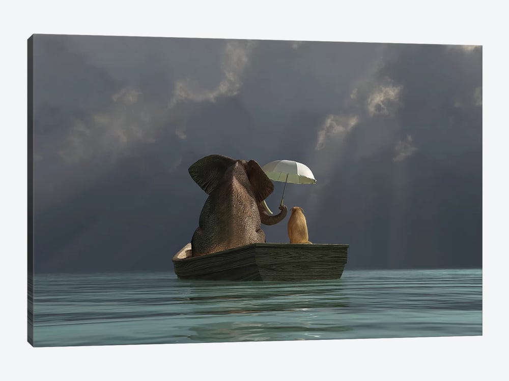Elephant And Dog Are Floating In A Boat II by Mike Kiev 1-piece Canvas Art