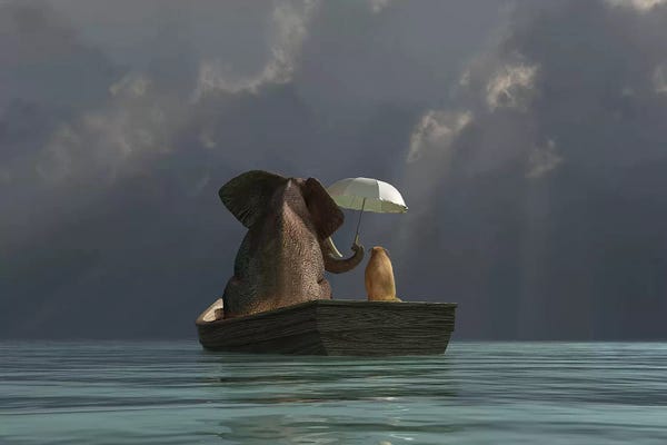 Large Scenic & Landscape Art - Canvas Prints: Elephant And Dog Are Floating In A Boat II by Mike Kiev