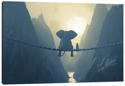 Elephant And Dog Sit On A Bridge Over A Precipice (Dualtone) Canvas Art Print - Elephant Art