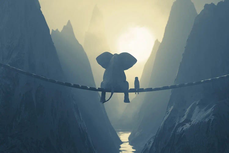 Elephant And Dog Sit On A Bridge Over A Precipice (Dualtone) by Mike Kiev wall art