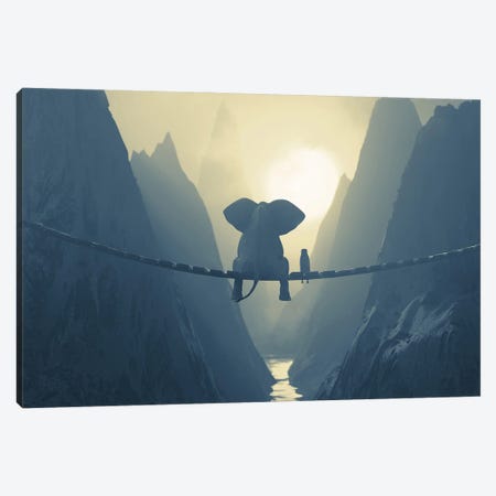 Elephant And Dog Sit On A Bridge Over A Precipice (Dualtone) Canvas Print #MII140} by Mike Kiev Canvas Art Print