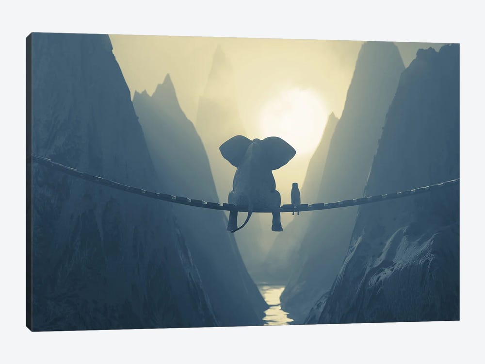 Elephant And Dog Sit On A Bridge Over A Precipice (Dualtone) by Mike Kiev 1-piece Art Print