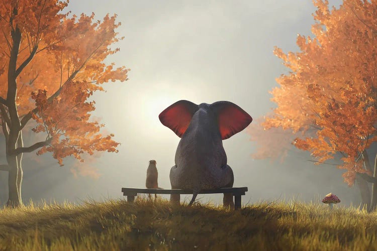 Elephant And Dog Sit In The Autumn Garden II by Mike Kiev wall art