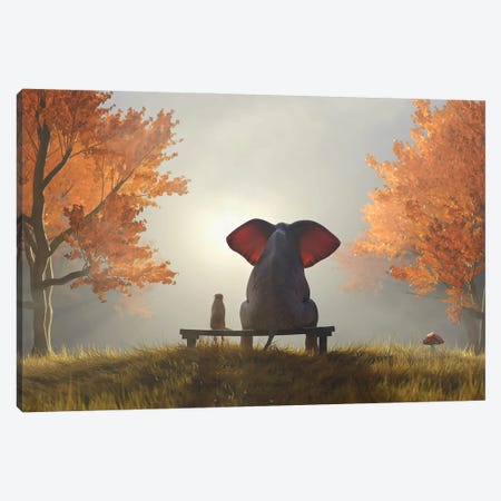 Elephant And Dog Sit In The Autumn Garden II Canvas Print #MII142} by Mike Kiev Canvas Art Print
