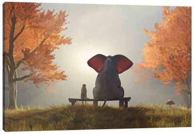 Elephant And Dog Sit In The Autumn Garden II Canvas Art Print - Friendship Art
