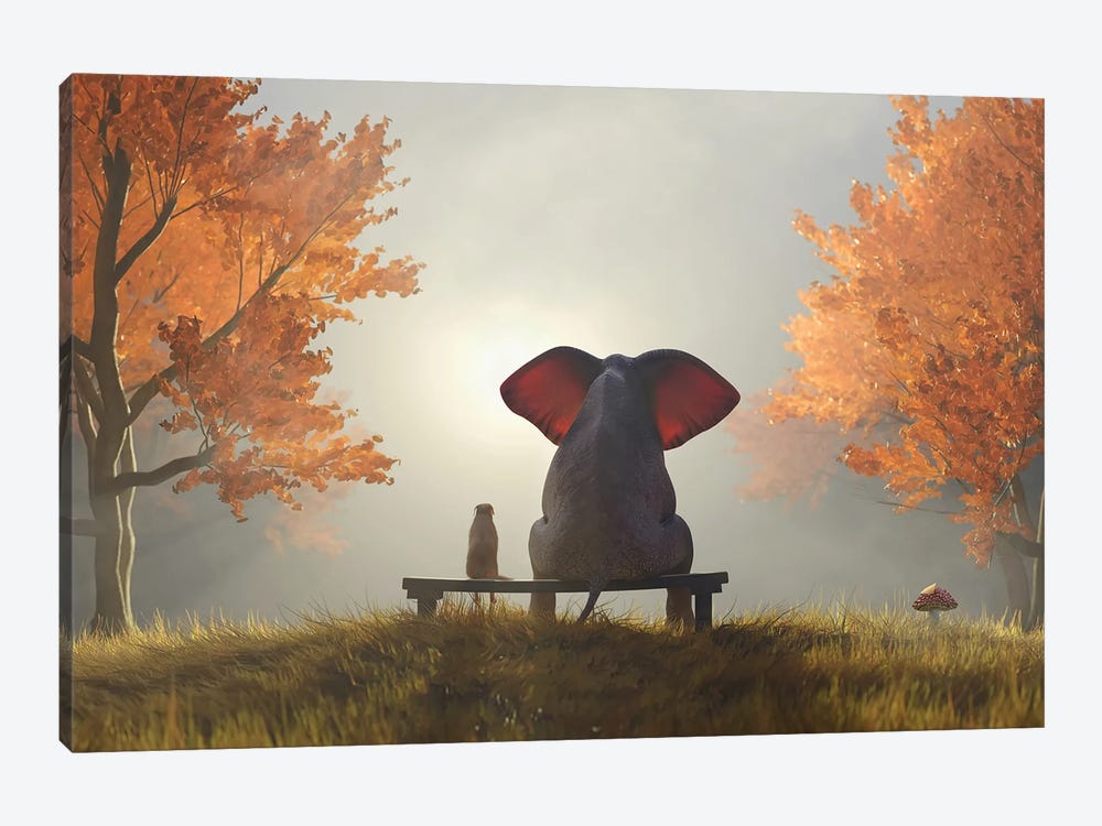Elephant And Dog Sit In The Autumn Garden II by Mike Kiev 1-piece Canvas Print