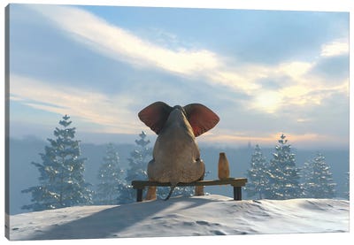 Elephant And Dog Sit On The Top Of The Mountain In Winter Canvas Art Print - Animal & Pet Photography