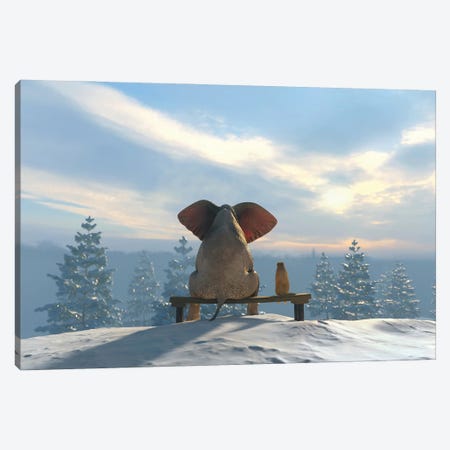 Elephant And Dog Sit On The Top Of The Mountain In Winter Canvas Print #MII143} by Mike Kiev Art Print