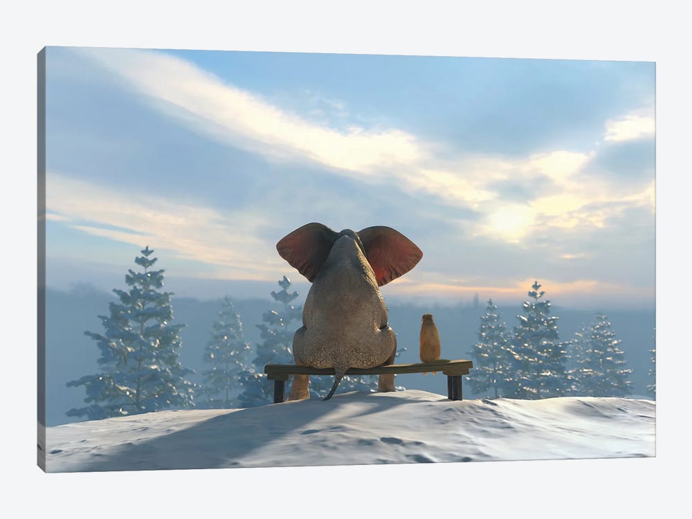 Elephant And Dog Sit On The Top Of The Mountain In Winter by Mike Kiev 1-piece Canvas Artwork