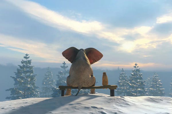 Dog Photography: Elephant And Dog Sit On The Top Of The Mountain In Winter by Mike Kiev