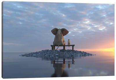 Elephant And Dog Sit On A Small Island Canvas Art Print - Island Art