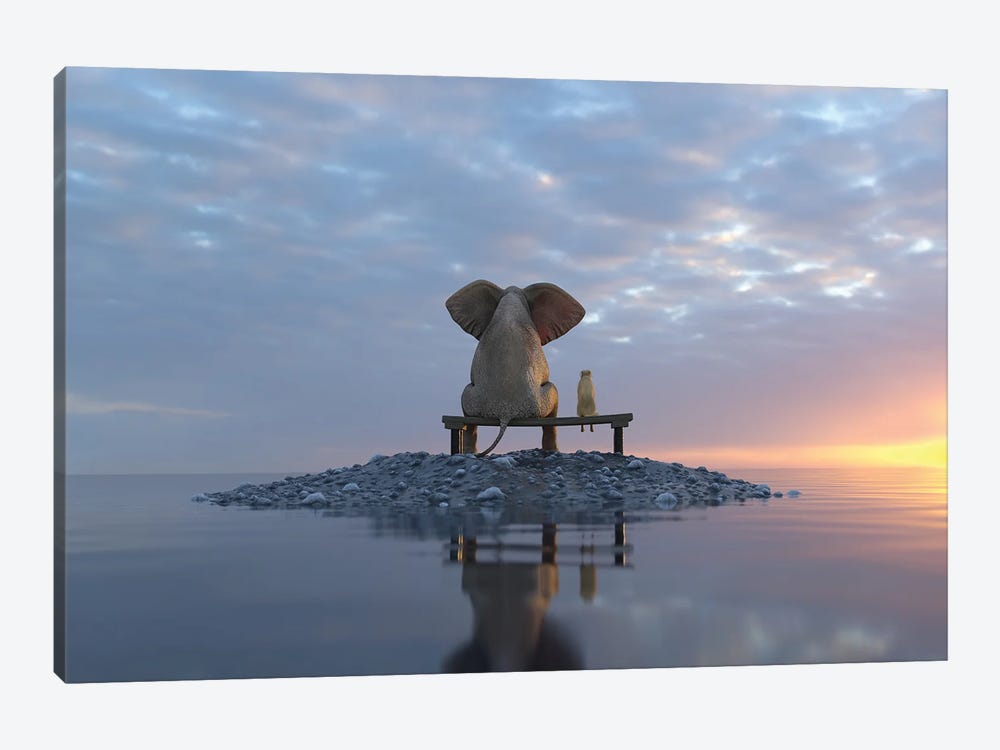 Elephant And Dog Sit On A Small Island by Mike Kiev 1-piece Canvas Art Print
