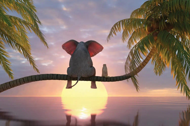 Elephant And Dog Sit On A Palm Tree On The Beach