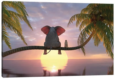 Elephant And Dog Sit On A Palm Tree On The Beach Canvas Art Print - Artists From Ukraine
