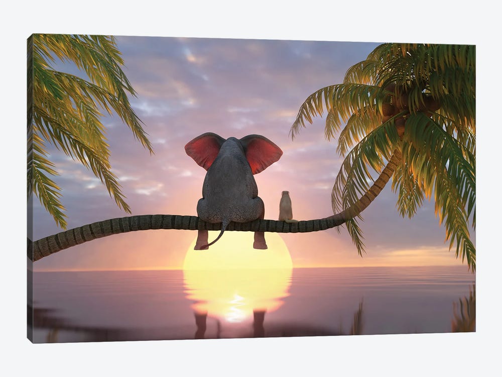 Elephant And Dog Sit On A Palm Tree On The Beach by Mike Kiev 1-piece Canvas Art
