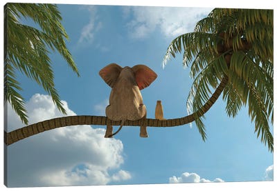 Elephant And Dog Sit On A Palm Tree Canvas Art Print - Artists From Ukraine