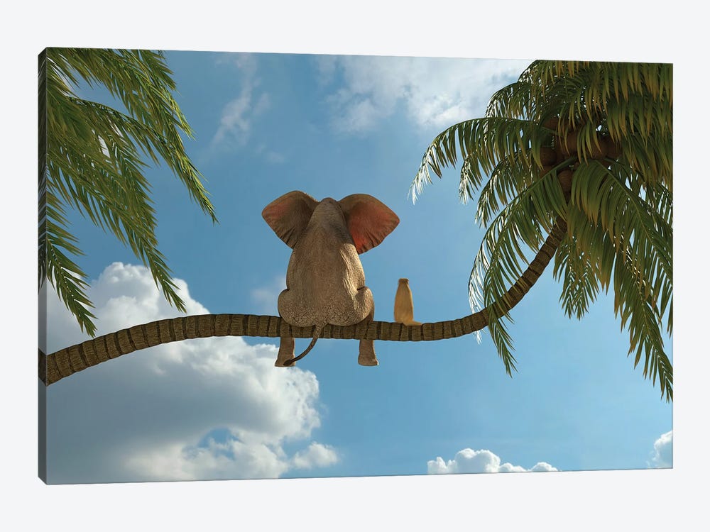 Elephant And Dog Sit On A Palm Tree by Mike Kiev 1-piece Canvas Print