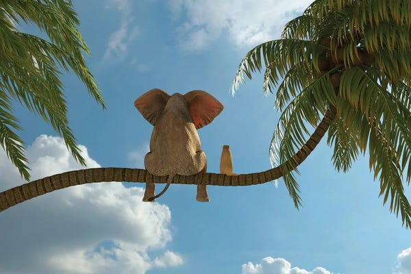 Mike Kiev: Elephant And Dog Sit On A Palm Tree by Mike Kiev