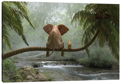 Elephant And Dog Sit On A Palm Tree In Tropical Forest Canvas Art Print - Tropical Décor