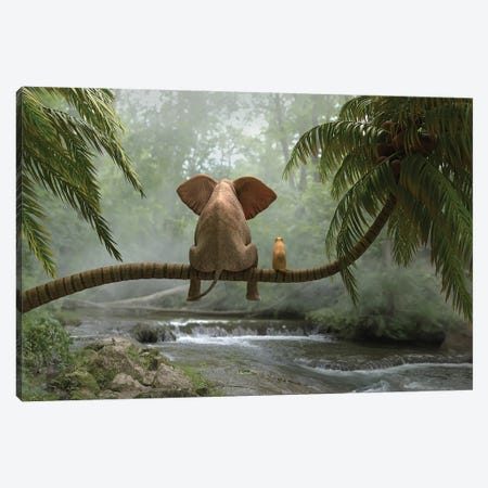 Elephant And Dog Sit On A Palm Tree In Tropical Forest Canvas Print #MII147} by Mike Kiev Canvas Art