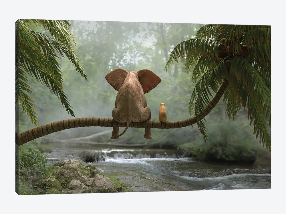Elephant And Dog Sit On A Palm Tree In Tropical Forest by Mike Kiev 1-piece Canvas Wall Art