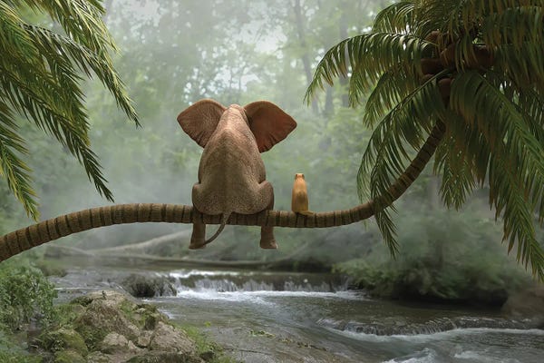 Elephants: Elephant And Dog Sit On A Palm Tree In Tropical Forest by Mike Kiev