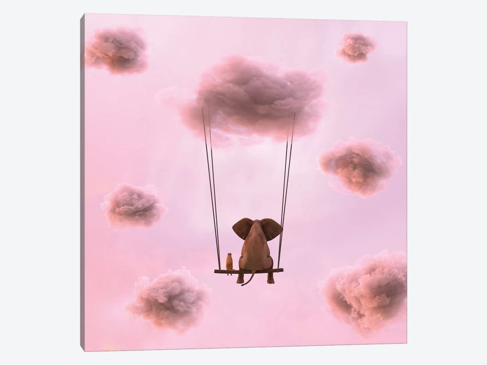 Elephant And Dog Are Flying On A Cloud by Mike Kiev 1-piece Art Print