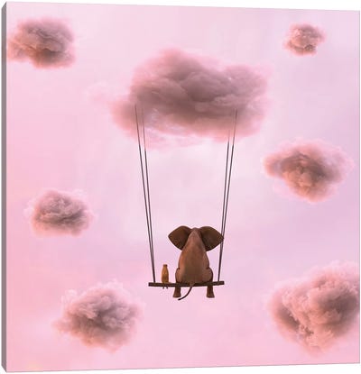Elephant And Dog Are Flying On A Cloud Canvas Art Print - Virtual Escapism