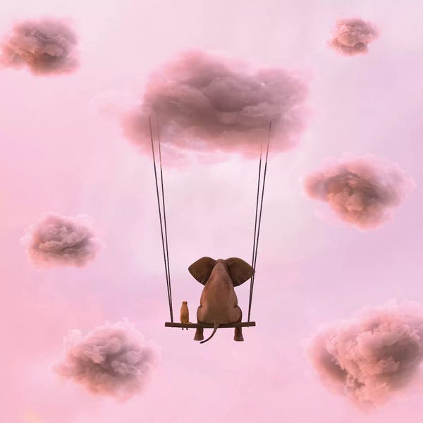 Elephants: Elephant And Dog Are Flying On A Cloud by Mike Kiev