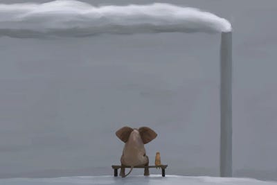 Elephant And Dog In Winter Landscape by Mike Kiev art print