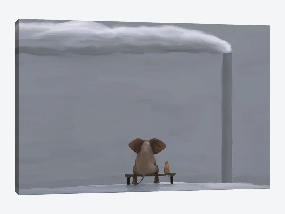 Elephant And Dog In Winter Landscape by Mike Kiev 1-piece Canvas Wall Art