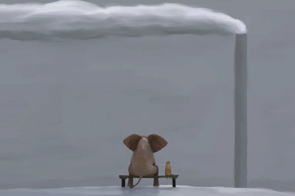 Dog Photography: Elephant And Dog In Winter Landscape by Mike Kiev