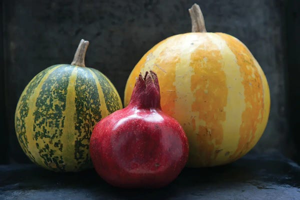 Still Life Photography: Pomegranate And Pumpkins On Black III by Mike Kiev