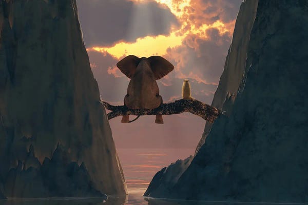 Mike Kiev: Elephant And Dog Sit On A Fallen Tree On The Beach by Mike Kiev