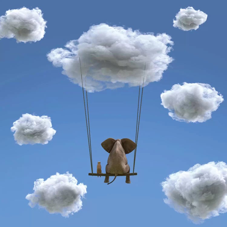 Elephant And Dog Are Flying On A Cloud II by Mike Kiev wall art