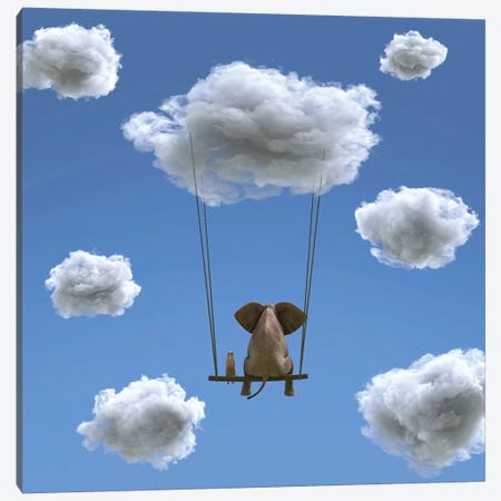 Elephant And Dog Are Flying On A Cloud II Canvas Print #MII15} by Mike Kiev Art Print